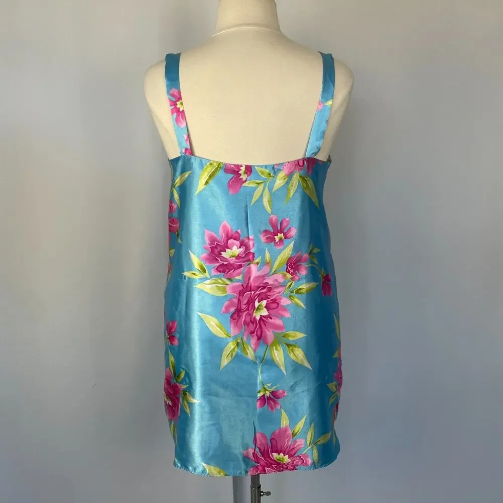 Short Slip Dress Size XL Blue Pink Floral Silky Satin Lingerie Sleep Feminine